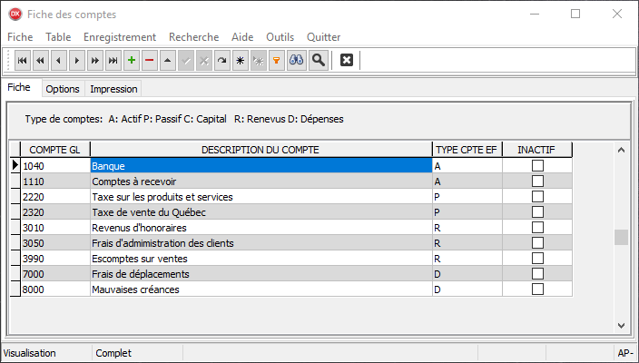 Module Comptes clients > Menu des fiches sources > Fiche des comptes du  grand-livre